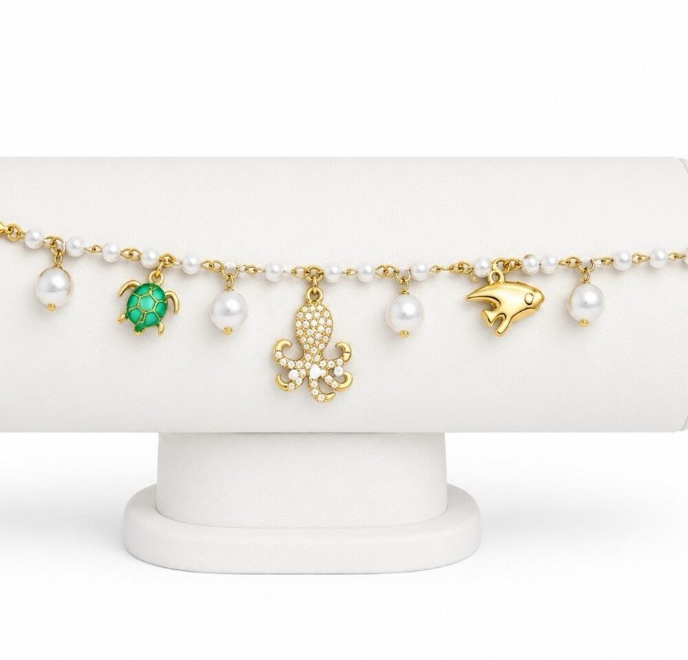 18K Gold Plated Pearl Cable Chain Charm Bracelet, Lobster, Turtle Octopus, Fish - Picture 1 of 2
